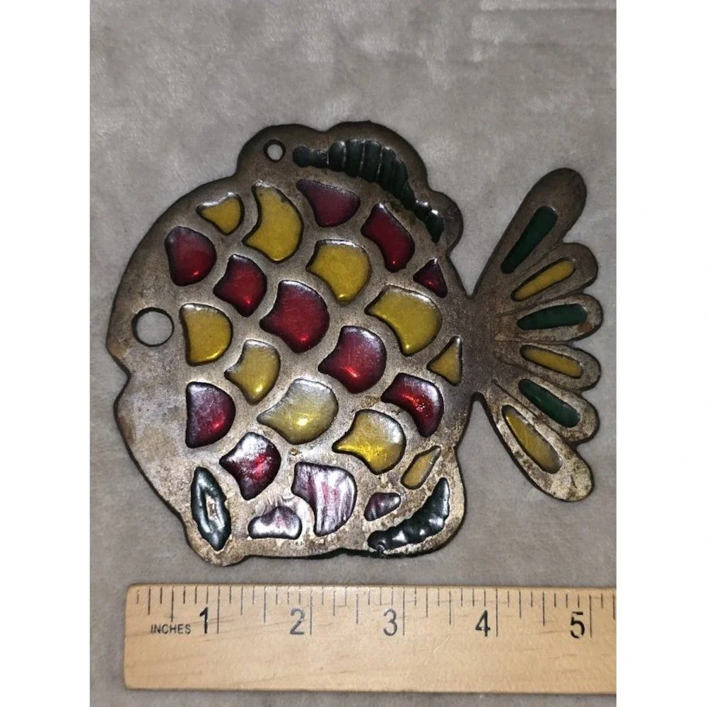 Vintage Fish Trivet Cast Metal Stained Glass Hot Plate Kitchen Pot Rest